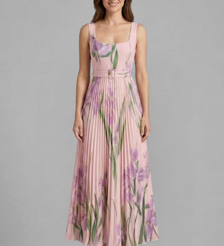 Maxikleid für Damen mit quadratischem Ausschnitt und plissiertem Rock