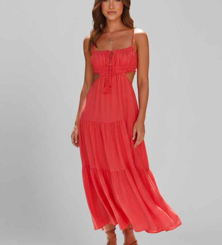 Maxikleid für Damen mit geradem Ausschnitt und gestuftem Rock