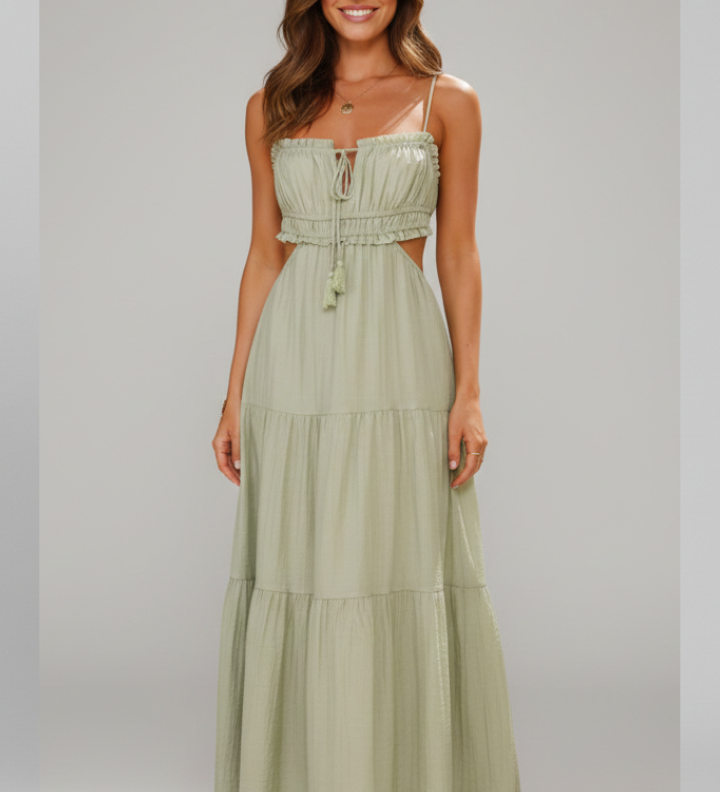 Maxikleid für Damen mit geradem Ausschnitt und gestuftem Rock