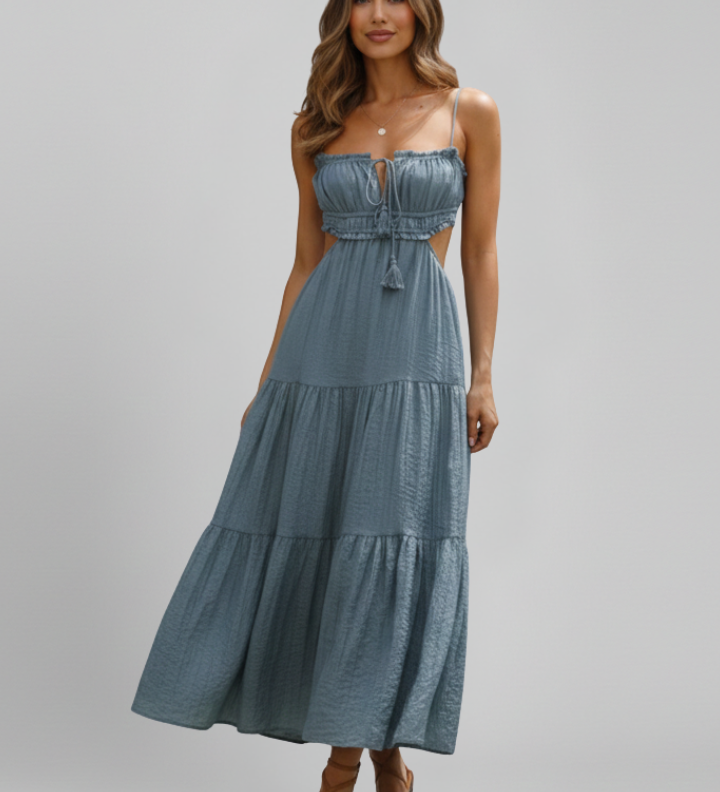 Maxikleid für Damen mit geradem Ausschnitt und gestuftem Rock