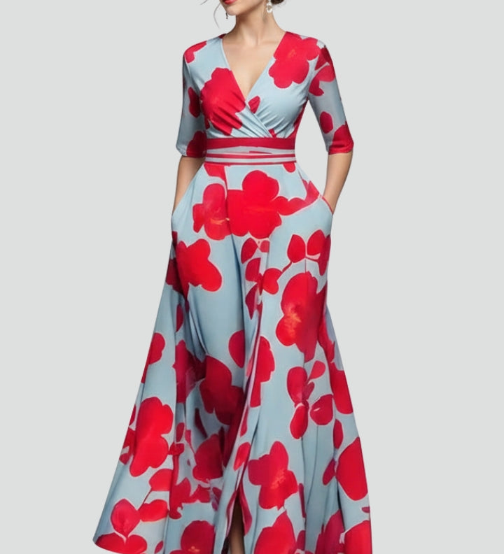 Damen Maxikleid mit V-Ausschnitt und bedruckter Oberfläche