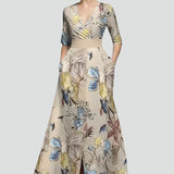 Damen Maxikleid mit V-Ausschnitt und bedruckter Oberfläche