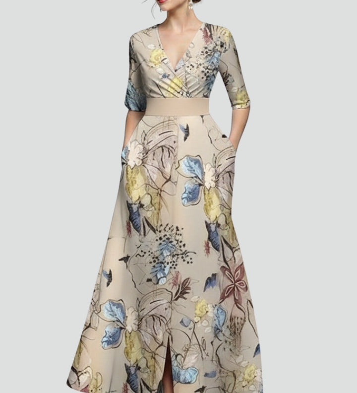 Damen Maxikleid mit V-Ausschnitt und bedruckter Oberfläche