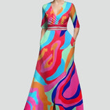 Damen Maxikleid mit V-Ausschnitt und bedruckter Oberfläche