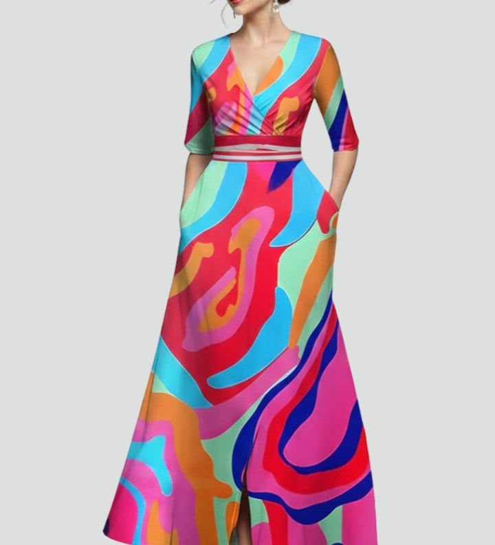 Damen Maxikleid mit V-Ausschnitt und bedruckter Oberfläche