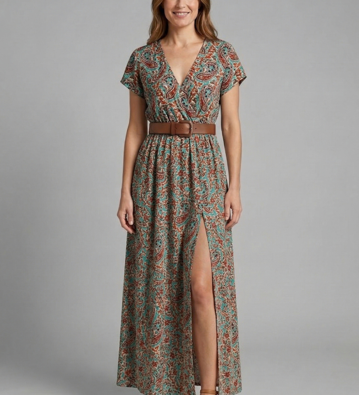 Damen Maxi-Kleid mit V-Ausschnitt und seitlichem Schlitz