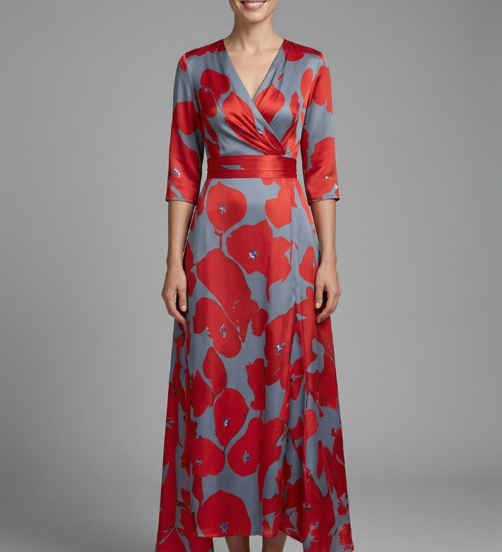 Damen Maxi Kleid mit V-Ausschnitt und Wickelbund