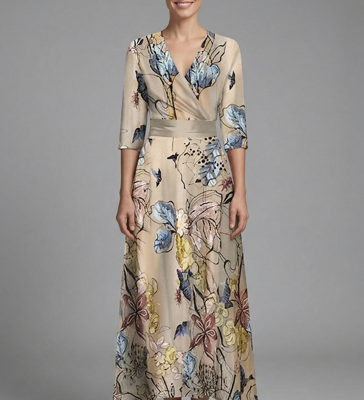 Damen Maxi Kleid mit V-Ausschnitt und Wickelbund