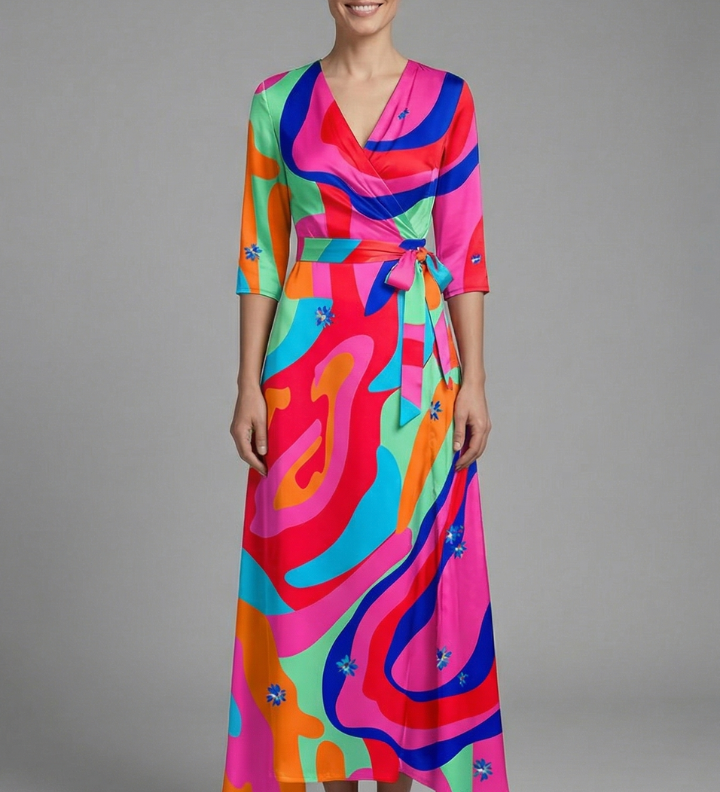 Damen Maxi Kleid mit V-Ausschnitt und Wickelbund