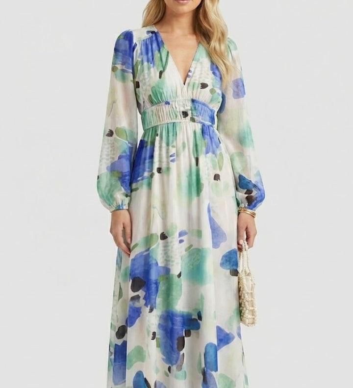 Maxikleid für Damen mit V-Ausschnitt und Blumenmuster