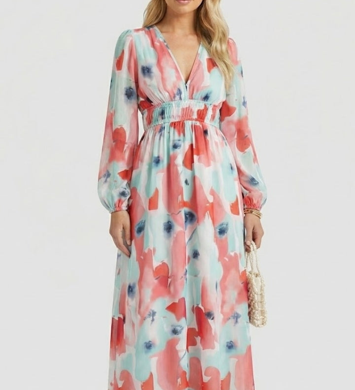 Maxikleid für Damen mit V-Ausschnitt und Blumenmuster