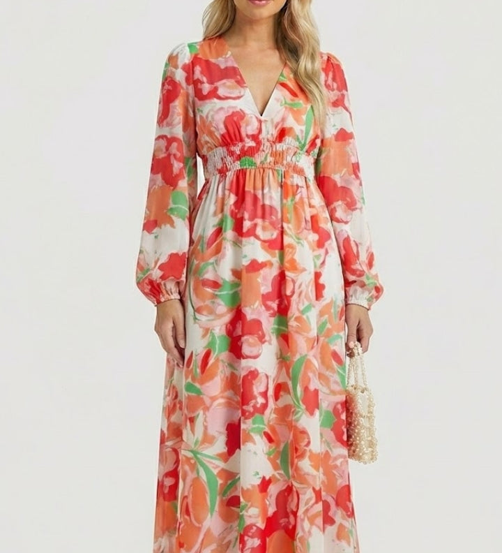 Maxikleid für Damen mit V-Ausschnitt und Blumenmuster