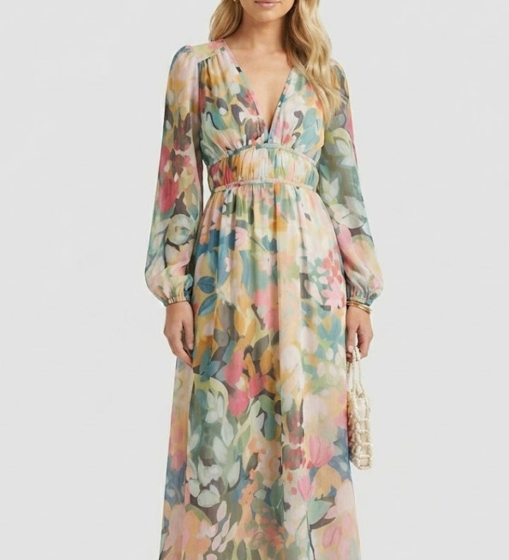 Maxikleid für Damen mit V-Ausschnitt und Blumenmuster