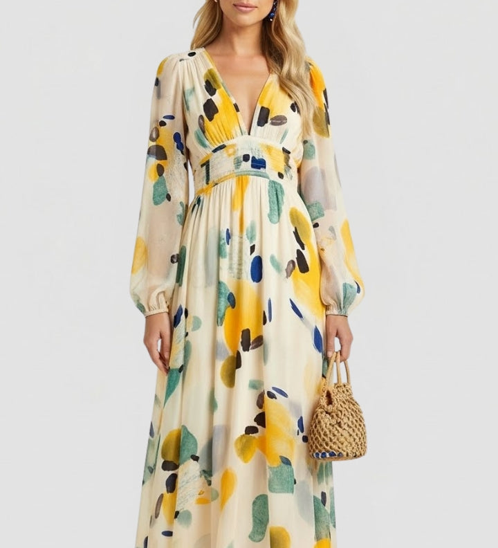Maxikleid für Damen mit V-Ausschnitt und Blumenmuster
