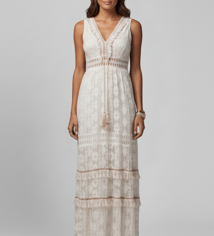 Damen Maxi-Kleid mit V-Ausschnitt und gestuftem Rock