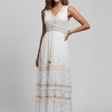 Damen Maxi-Kleid mit V-Ausschnitt und gestuftem Rock