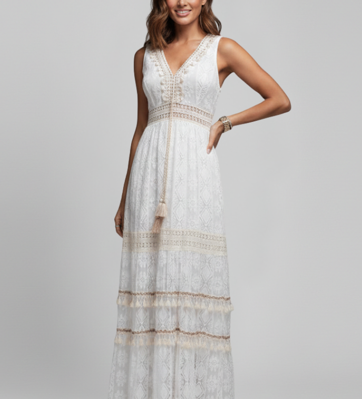 Damen Maxi-Kleid mit V-Ausschnitt und gestuftem Rock