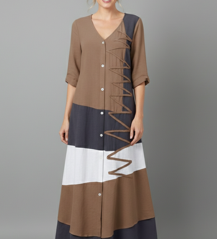 Damen Maxi-Kleid mit V-Ausschnitt und Knopfleiste
