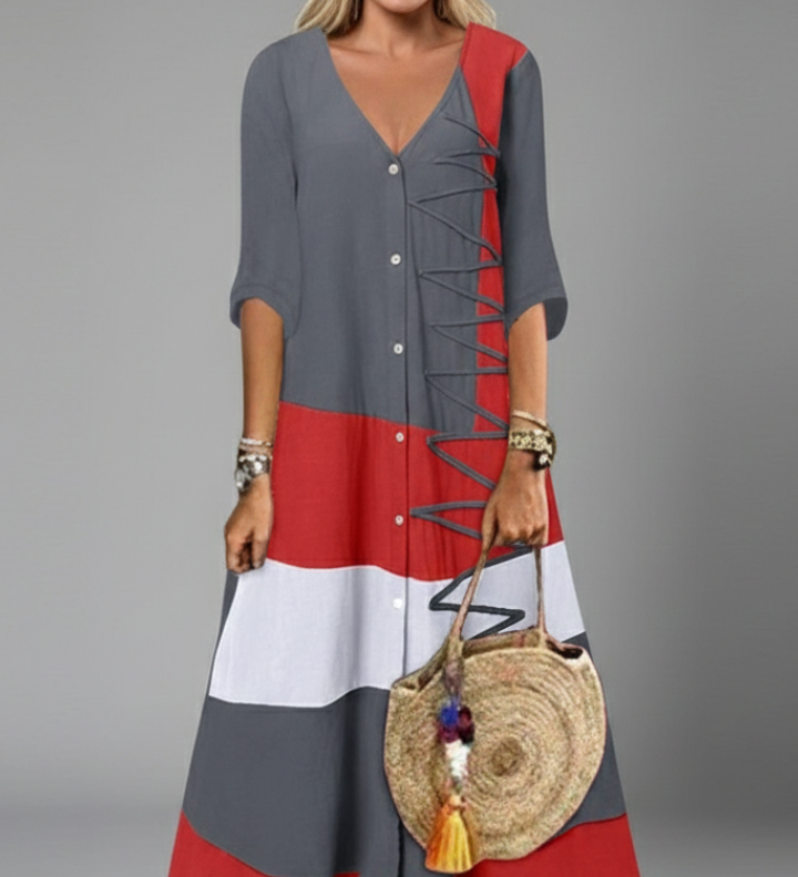 Damen Maxi-Kleid mit V-Ausschnitt und Knopfleiste