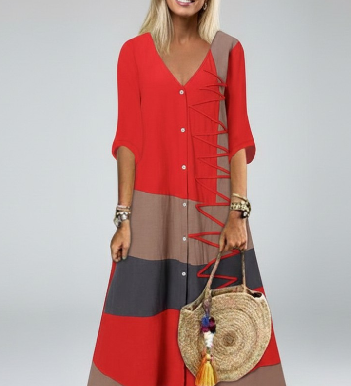 Damen Maxi-Kleid mit V-Ausschnitt und Knopfleiste