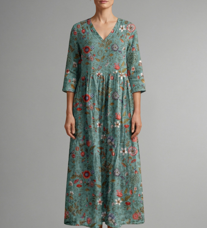 Maxikleid für Damen mit V-Ausschnitt und floralem Muster