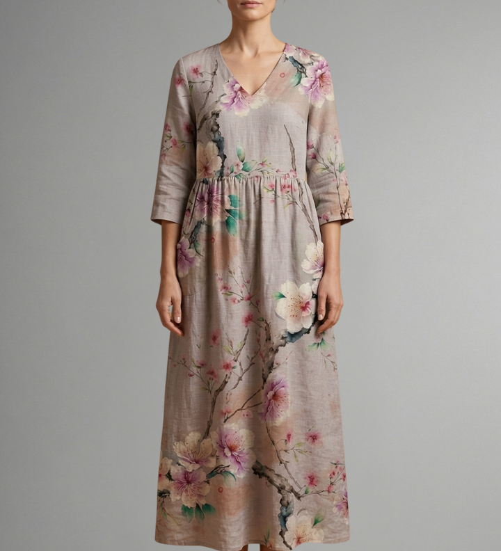 Maxikleid für Damen mit V-Ausschnitt und floralem Muster