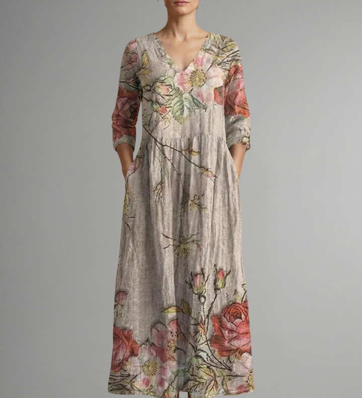 Maxikleid für Damen mit V-Ausschnitt und floralem Muster