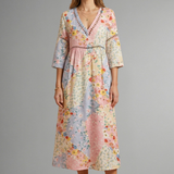 Maxikleid für Damen mit V-Ausschnitt und Patchwork-Druck