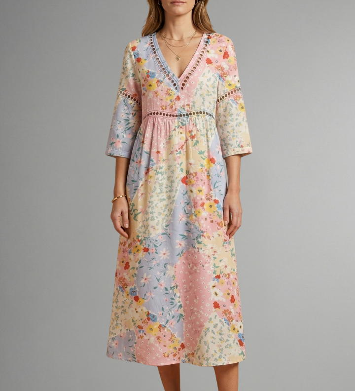 Maxikleid für Damen mit V-Ausschnitt und Patchwork-Druck