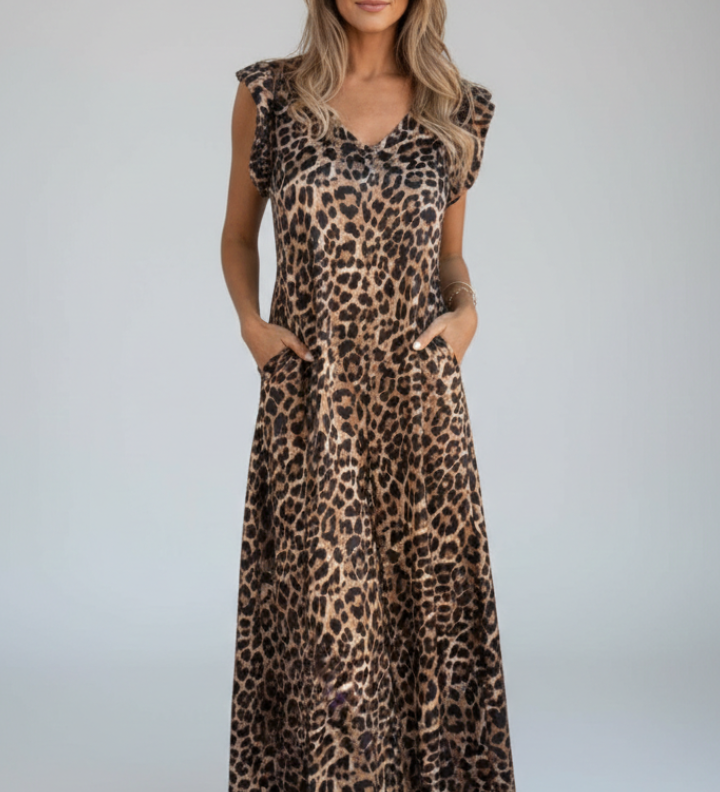 Maxikleid für Damen mit V-Ausschnitt und gemusterter Oberfläche