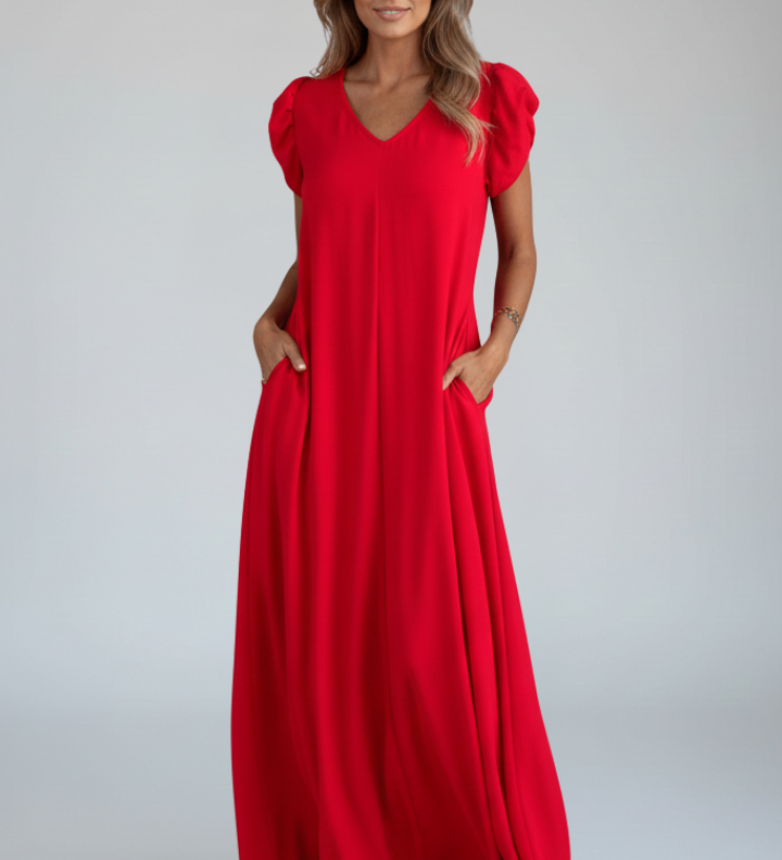 Maxikleid für Damen mit V-Ausschnitt und gemusterter Oberfläche