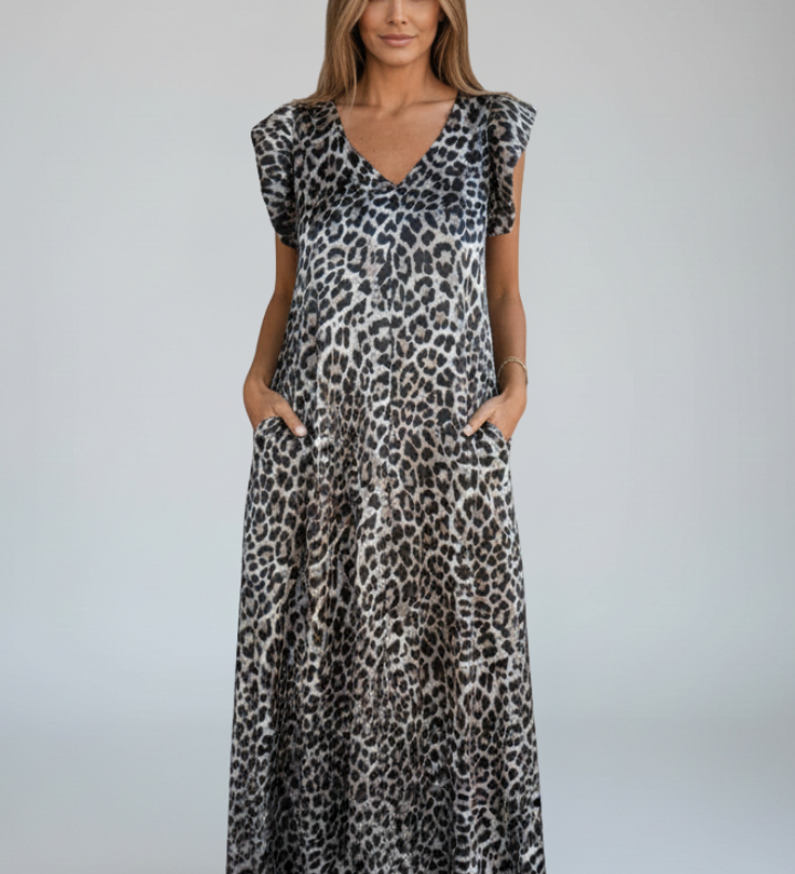 Maxikleid für Damen mit V-Ausschnitt und gemusterter Oberfläche