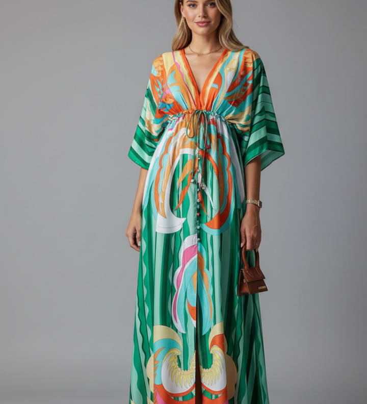 Maxikleid für Damen mit V-Ausschnitt und Bindegürtel