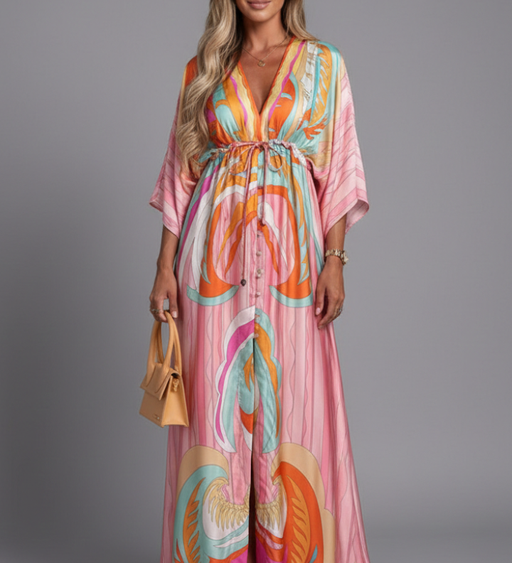 Maxikleid für Damen mit V-Ausschnitt und Bindegürtel