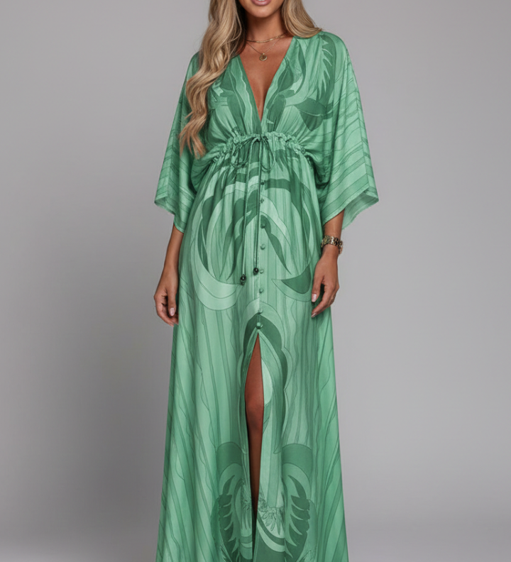 Maxikleid für Damen mit V-Ausschnitt und Bindegürtel