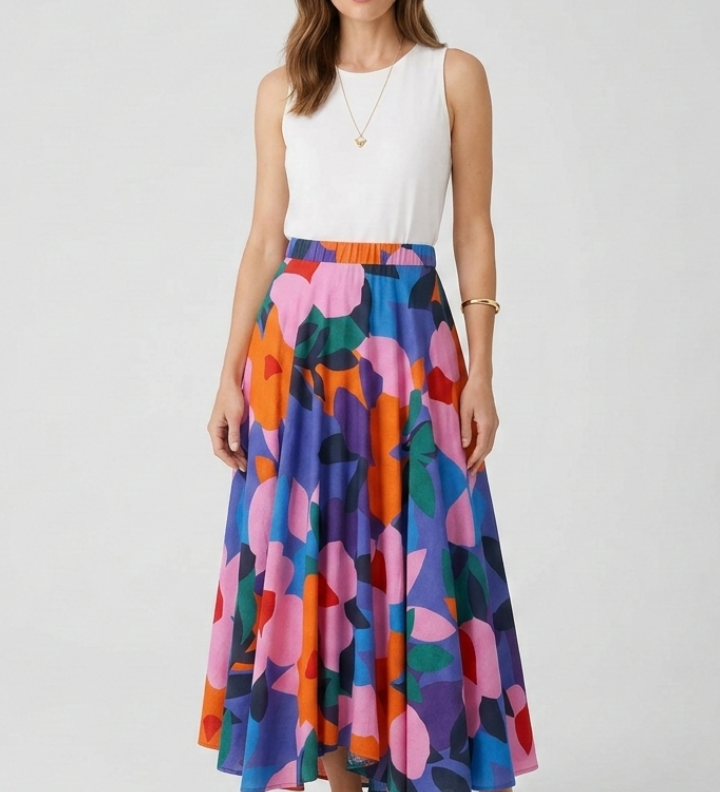 Damen Maxi Rock mit Elastischem Bund und Grafischem Druck