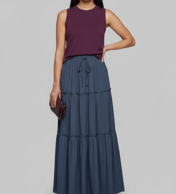 Maxikleid für Damen mit elastischem Bund und gestuften Paneelen