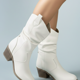 Damen Stiefel bis zur Wade mit Zuglaschen und Blockabsatz