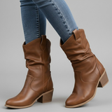 Damen Stiefel bis zur Wade mit Zuglaschen und Blockabsatz