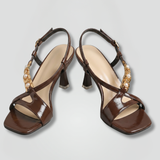 Damen Leder Sandalen mit Mid Heel, Schnalle und Offener Zehenpartie