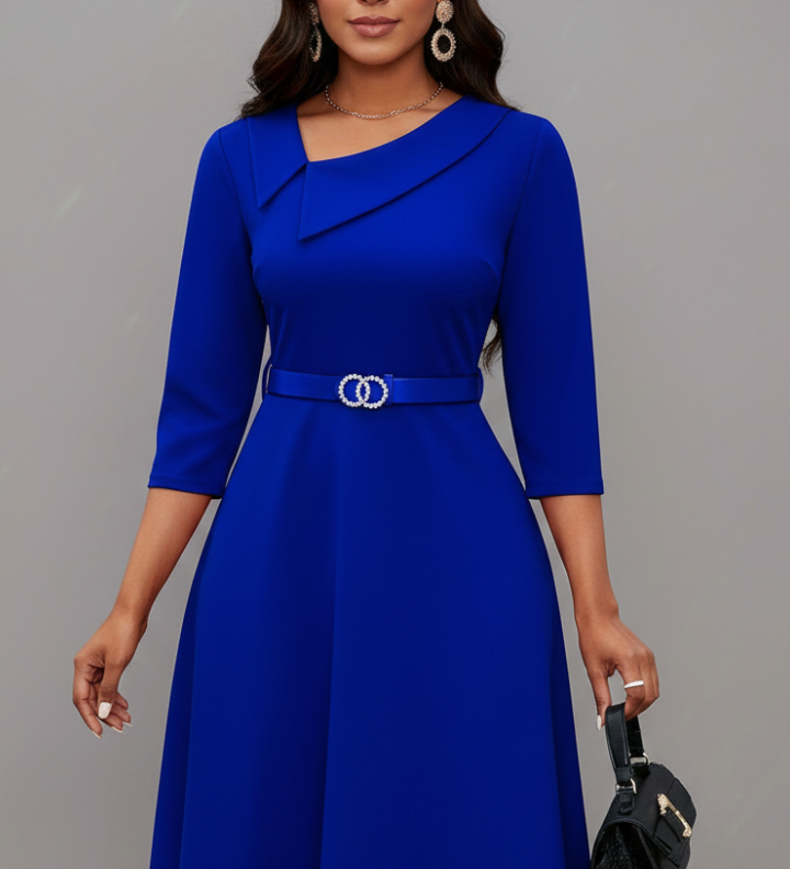 Damen Midi-Kleid mit asymmetrischem Ausschnitt und Gürtel