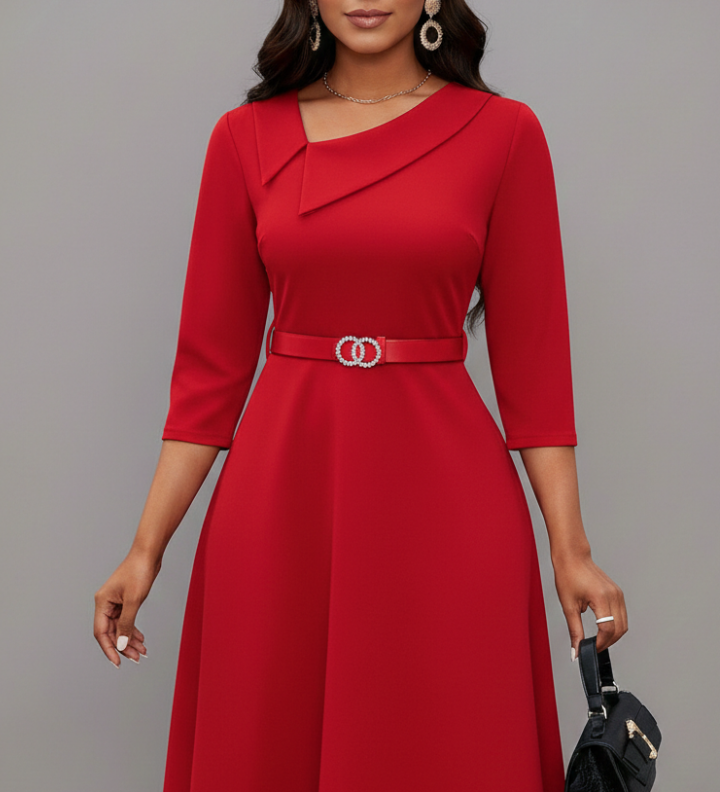Damen Midi-Kleid mit asymmetrischem Ausschnitt und Gürtel
