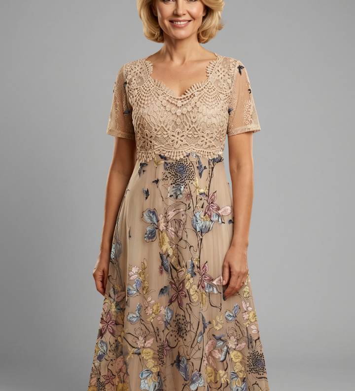 Damen Midi-Kleid mit Spitzen-Detail und V-Ausschnitt