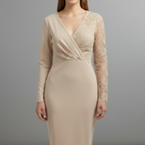 Damen Midi-Kleid mit Spitzenärmeln und V-Ausschnitt