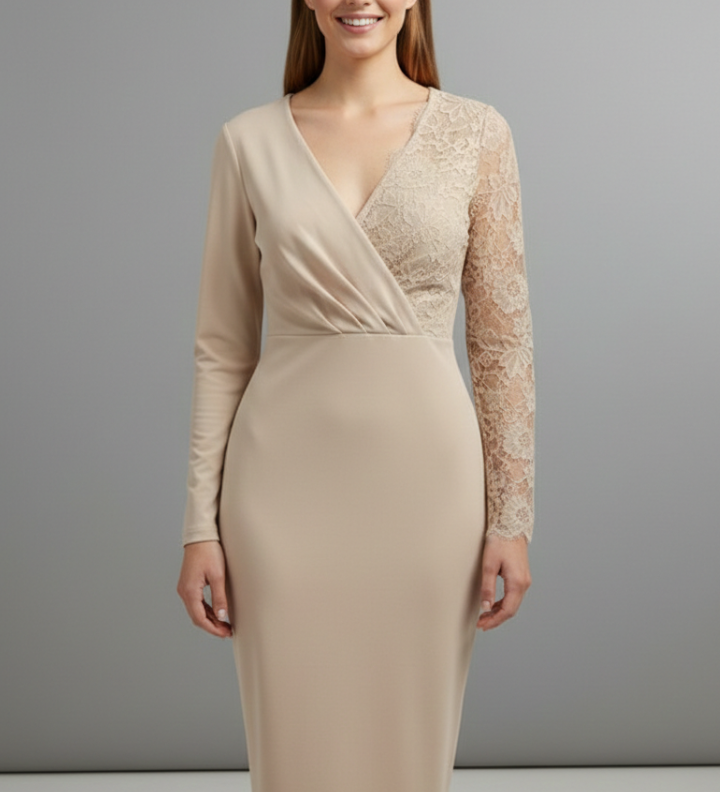 Damen Midi-Kleid mit Spitzenärmeln und V-Ausschnitt