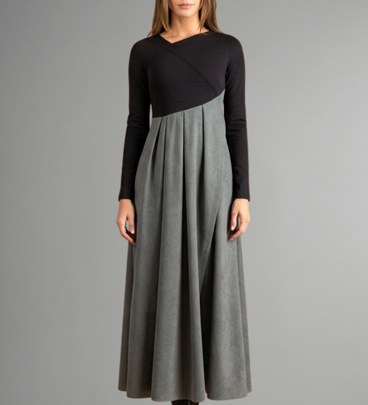 Damen Midi Kleid mit langen Ärmeln und zweifarbigem Design