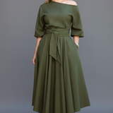 Damen Midi-Kleid mit schulterfreiem Ausschnitt und Laternenärmeln
