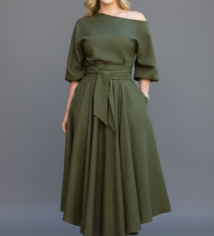 Damen Midi-Kleid mit schulterfreiem Ausschnitt und Laternenärmeln