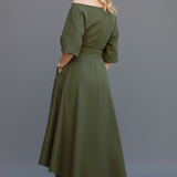 Damen Midi-Kleid mit schulterfreiem Ausschnitt und Laternenärmeln