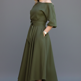 Damen Midi-Kleid mit schulterfreiem Ausschnitt und Laternenärmeln